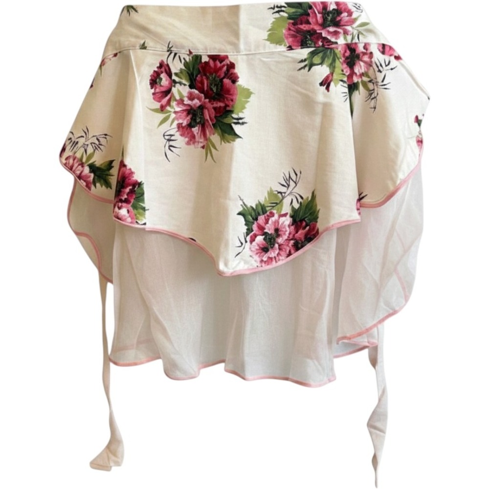 Vintage Floral Half Apron Sheer Layered Pink Peony Scalloped Edge Tie Waist
